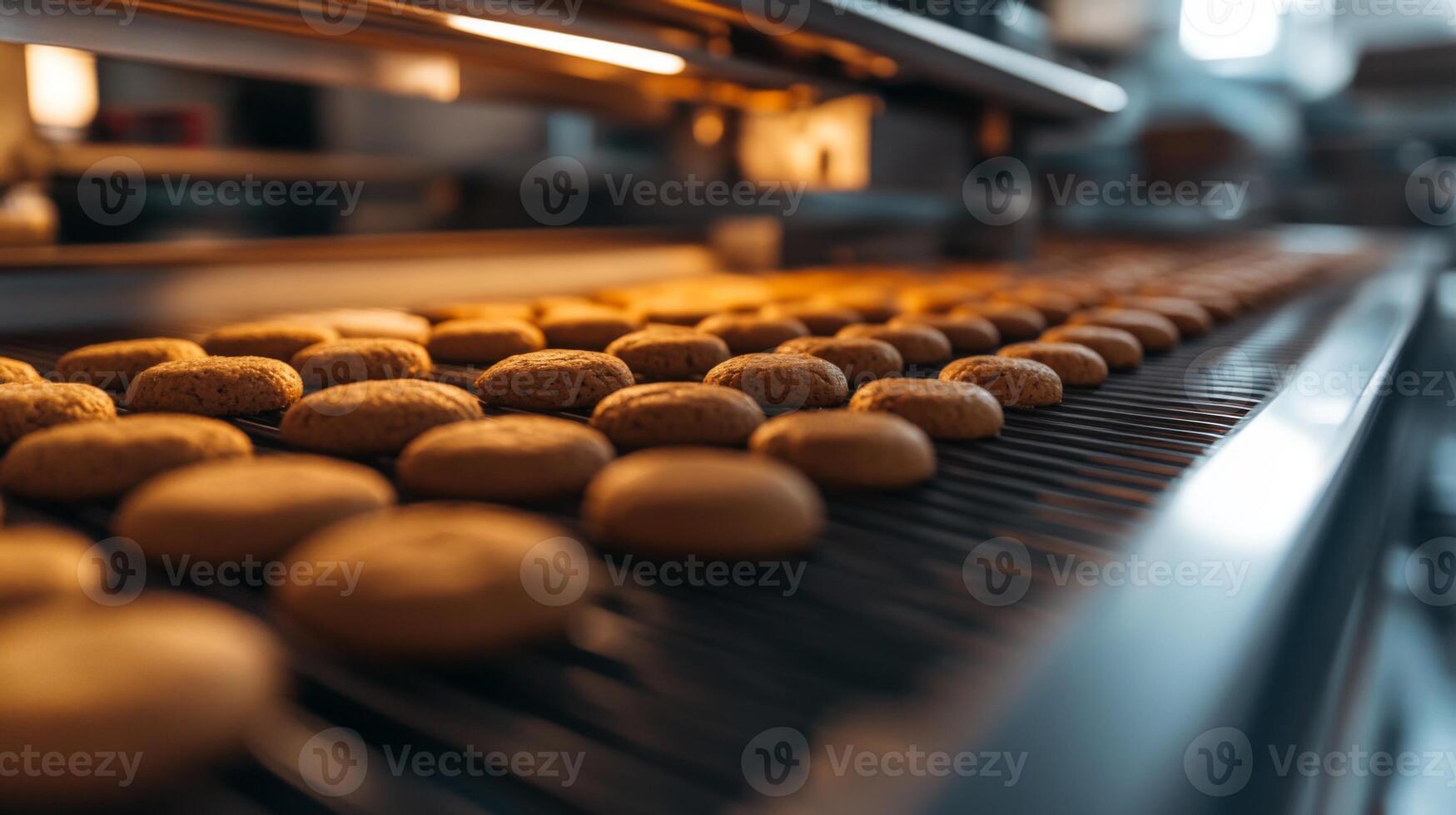Close-up of freshly baked cookies on a conveyor belt in a bakery photo