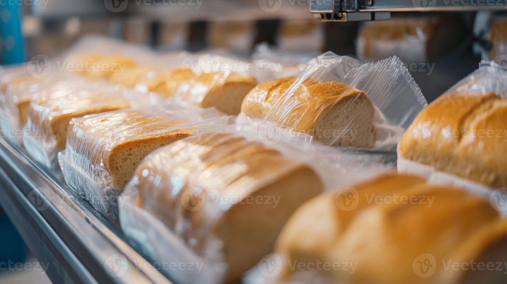 Rows of Freshly Baked Bread Wrapped in Plastic photo