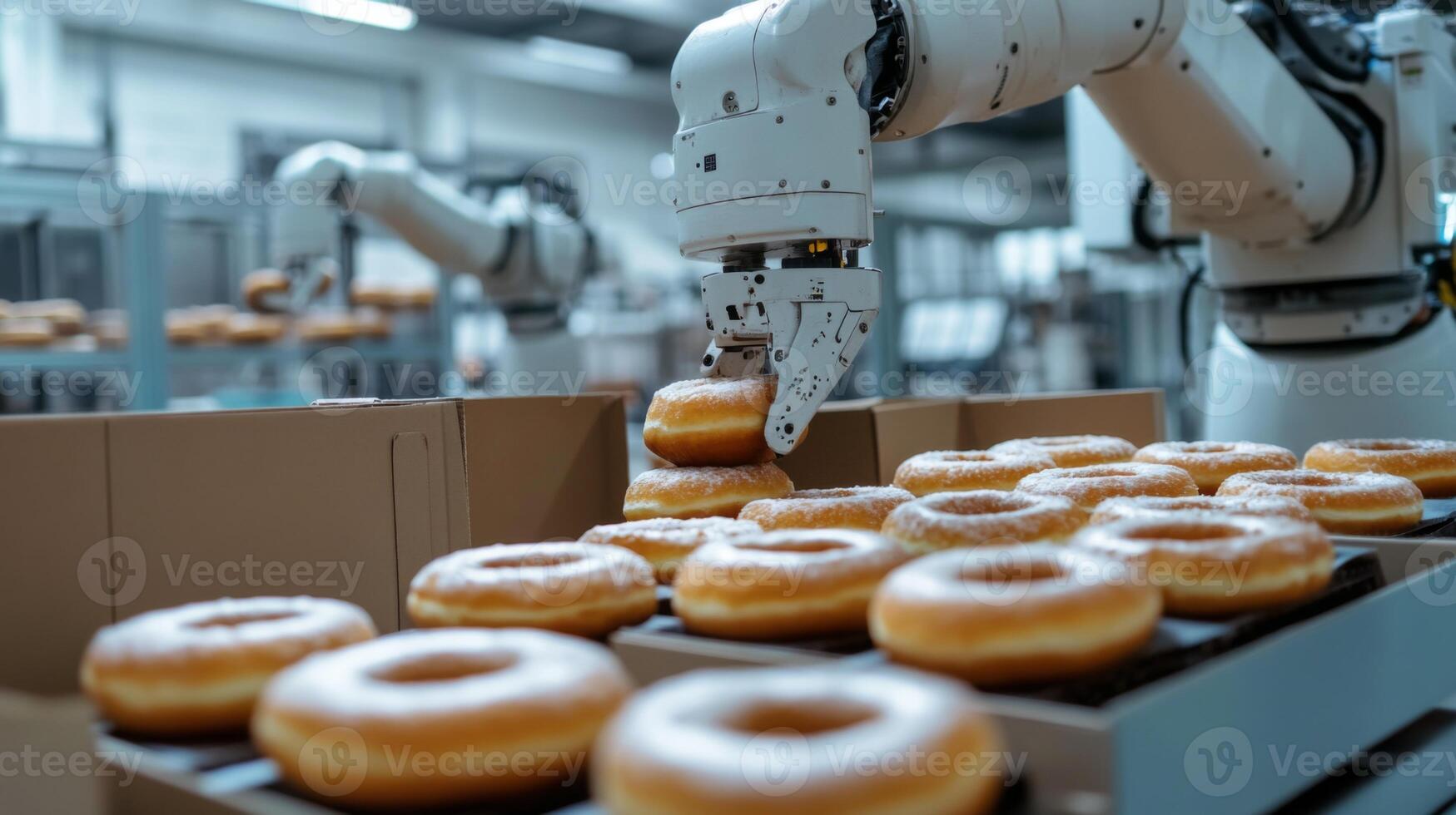 Robotic Arm Placing Donuts in a Cardboard Box photo