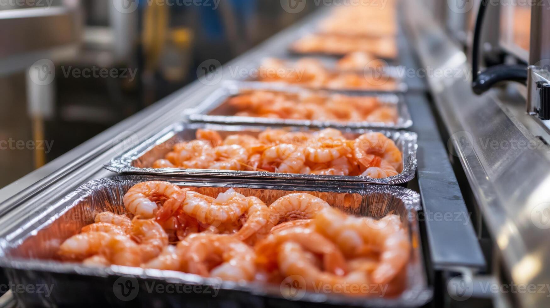 Close up of Cooked Shrimp on a Conveyor Belt in a Food Processing Facility photo