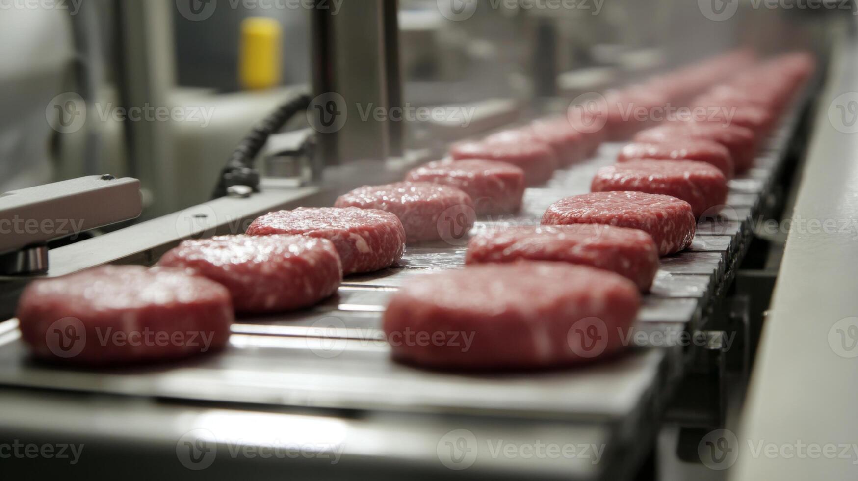 Raw Meat Patties Conveying on a Metal Belt in a Food Processing Plant photo
