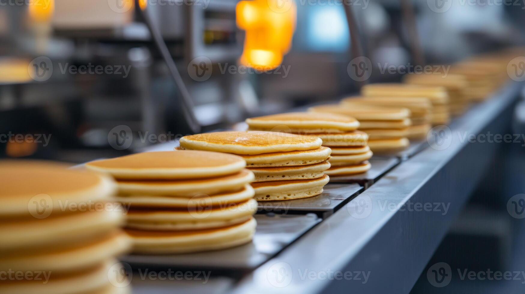 Stacks of freshly made pancakes on a conveyor belt in a commercial kitchen photo