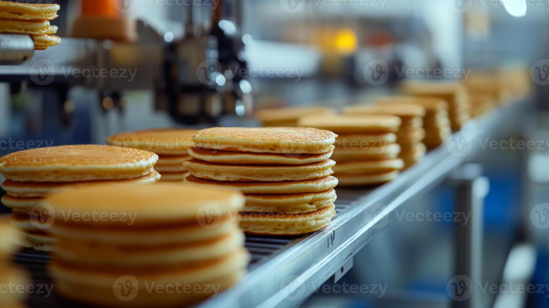 Stacks of golden brown pancakes on a conveyor belt in a food factory. photo