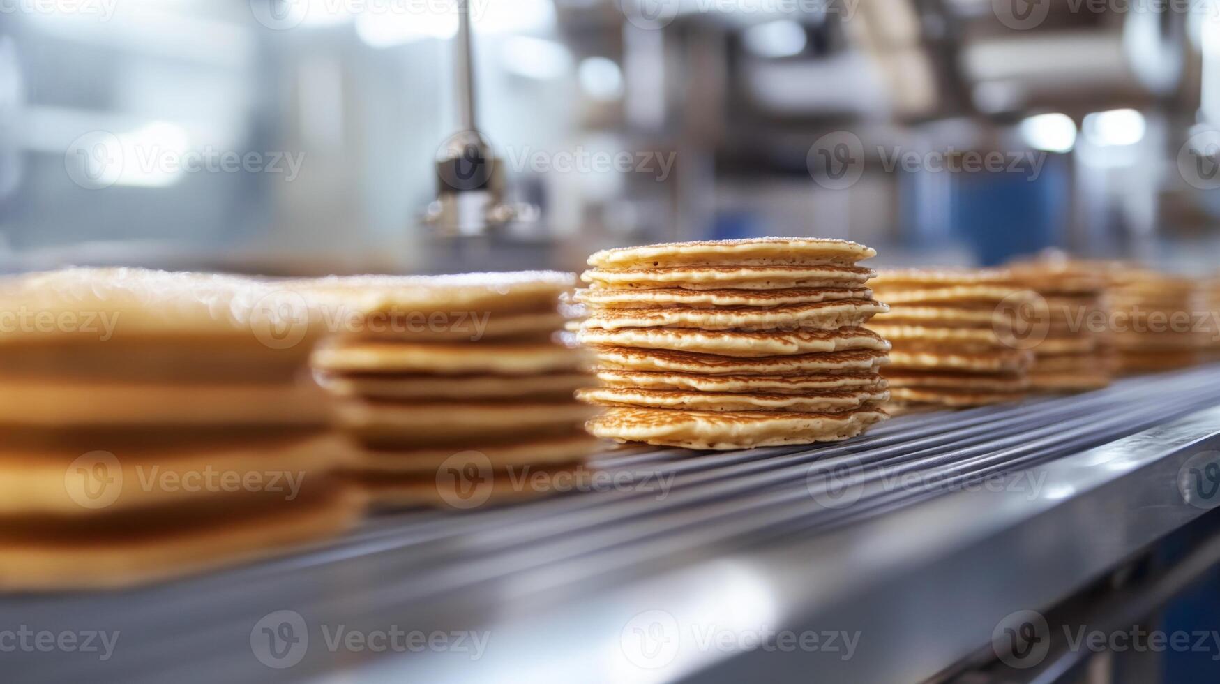 Stacks of Pancakes Moving on a Conveyor Belt in a Factory photo
