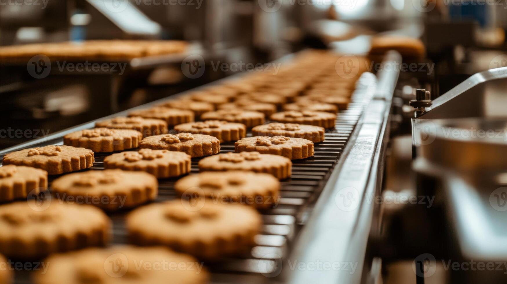 Close-up of Cookies Moving on a Conveyor Belt in a Bakery photo