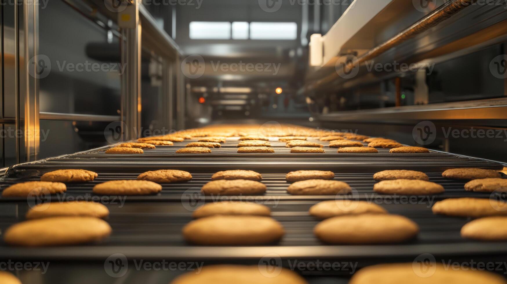 Close-up of Cookies Moving on a Conveyor Belt in a Factory photo