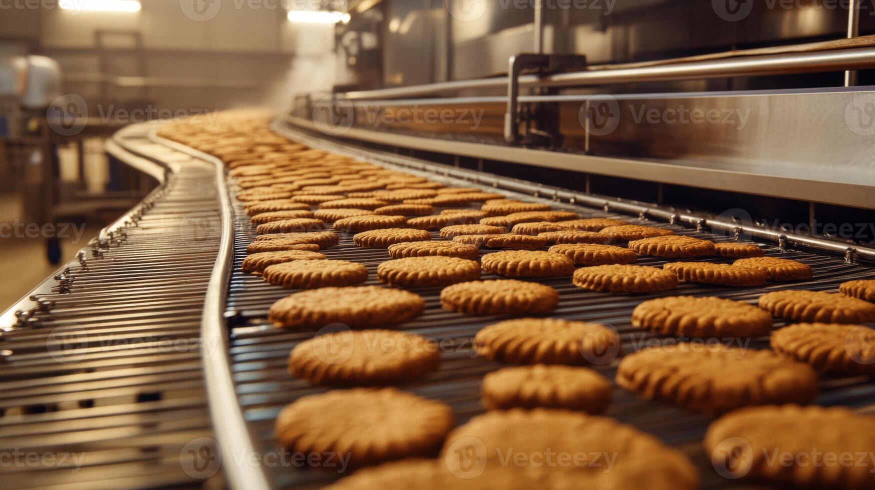 Close-up of Cookies Moving on a Conveyor Belt in a Food Factory photo
