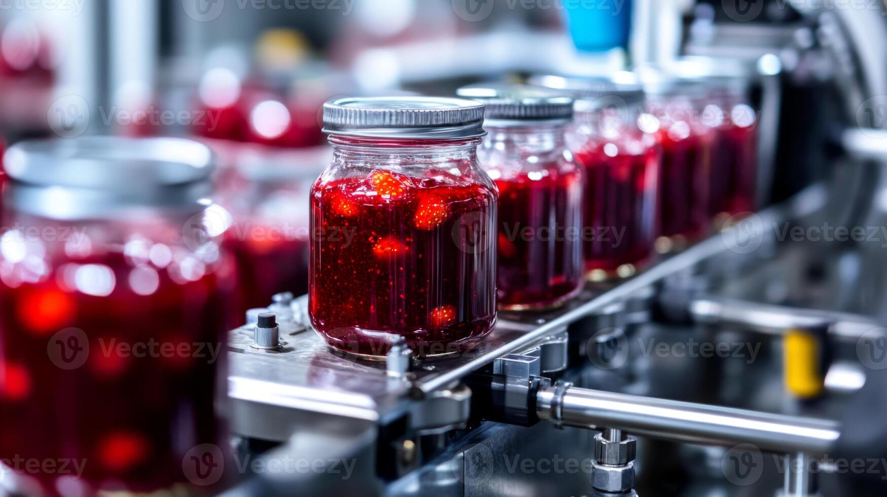 Jars of Red Berry Jam on a Conveyor Belt in a Factory photo