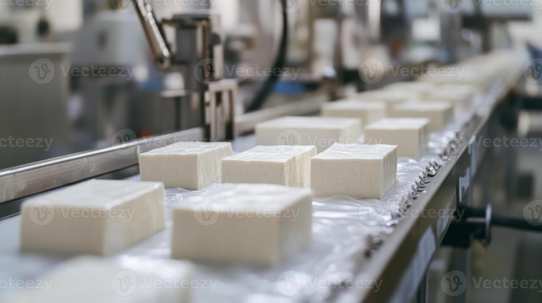 White Blocks Moving on a Conveyor Belt in a Factory photo