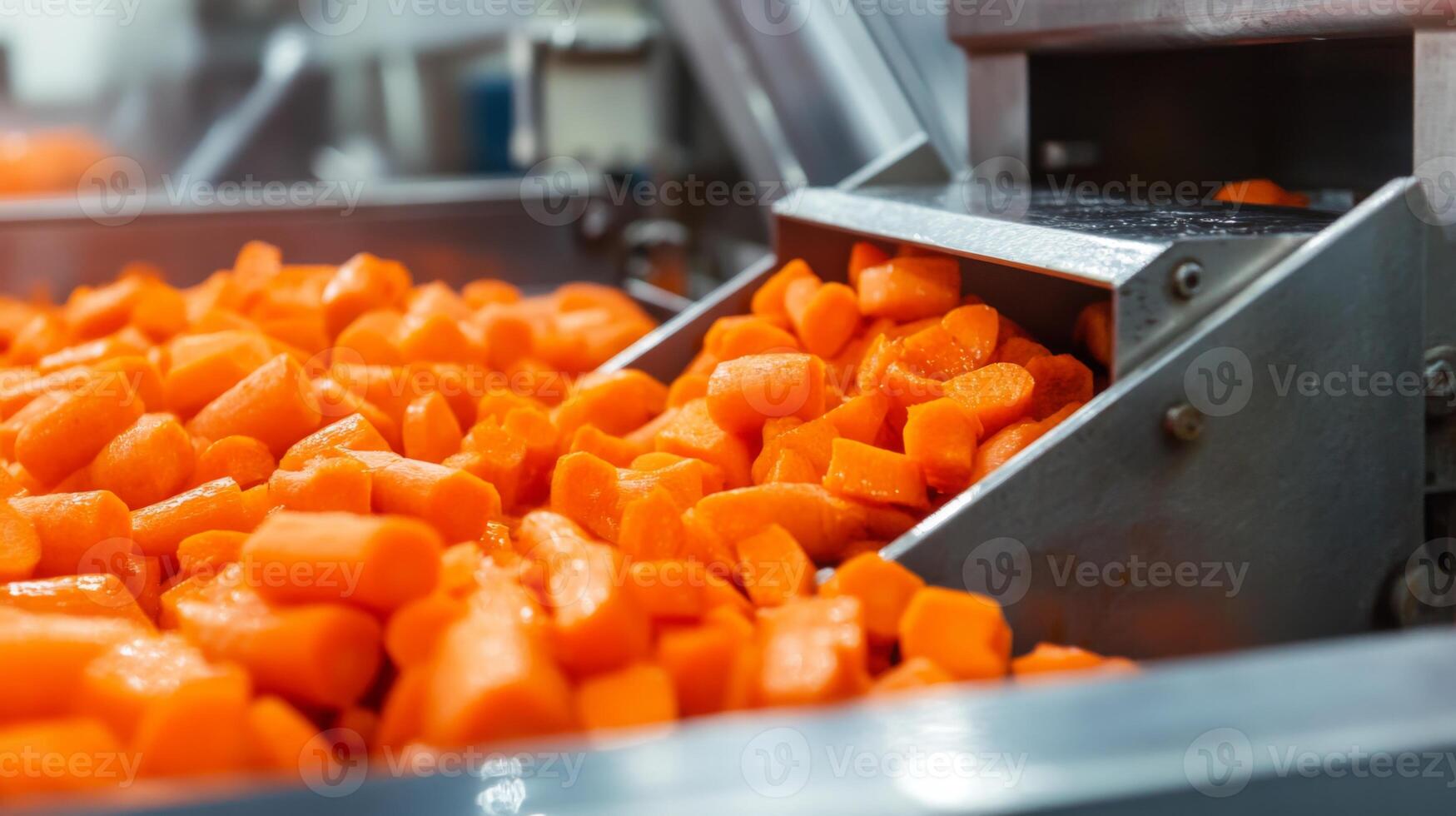 Close-up of Carrots Being Processed on a Conveyor Belt in a Food Factory photo