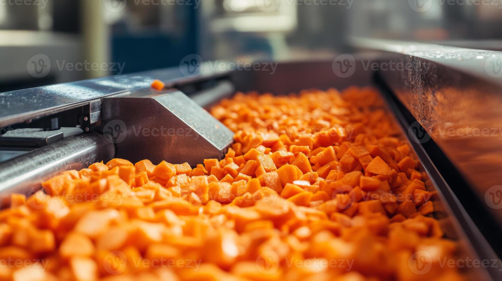 Close-up of Chopped Carrots Moving Along a Conveyor Belt in a Food Processing Factory photo