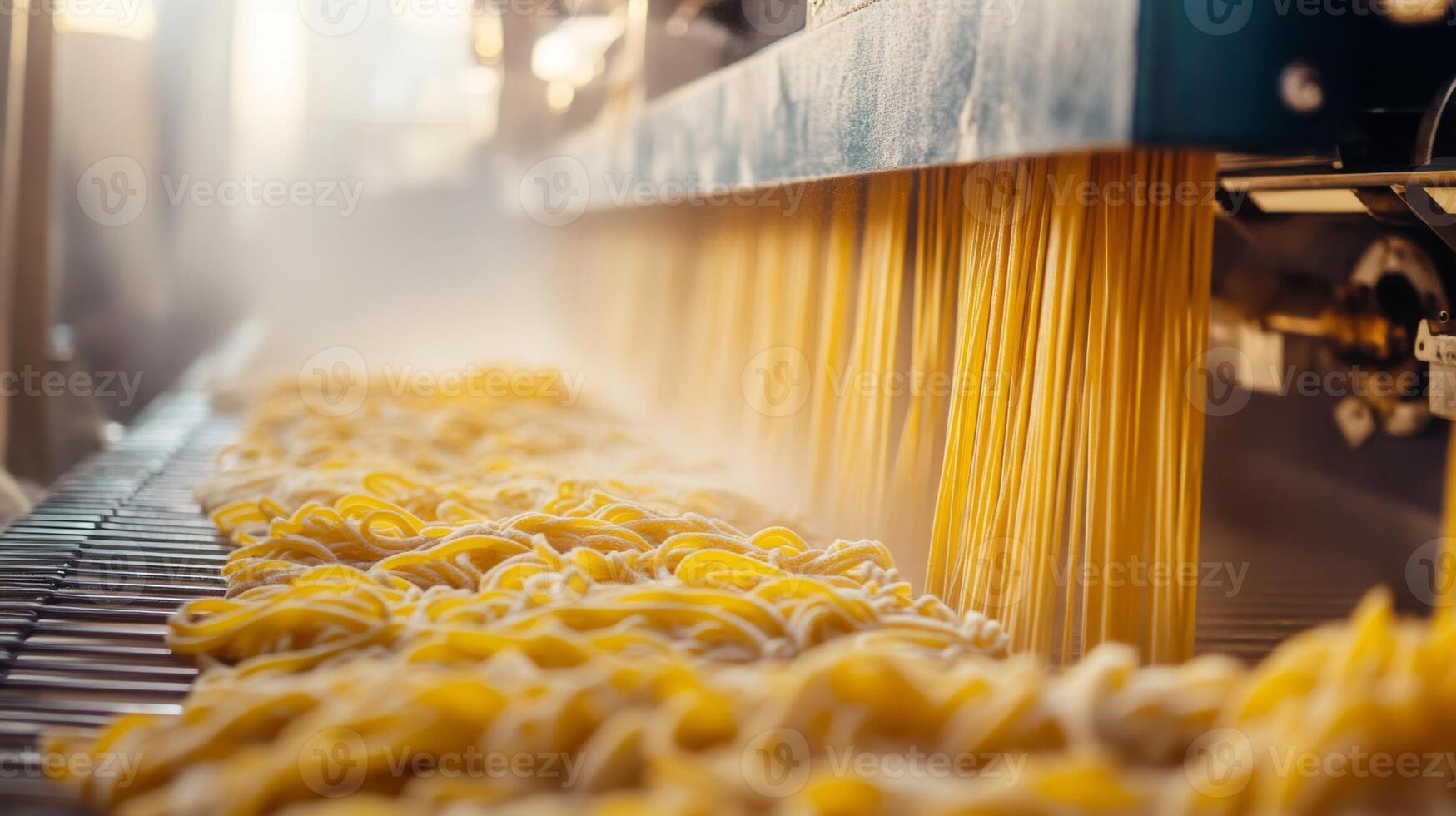 Freshly Made Pasta Noodles Exiting a Factory Production Line photo