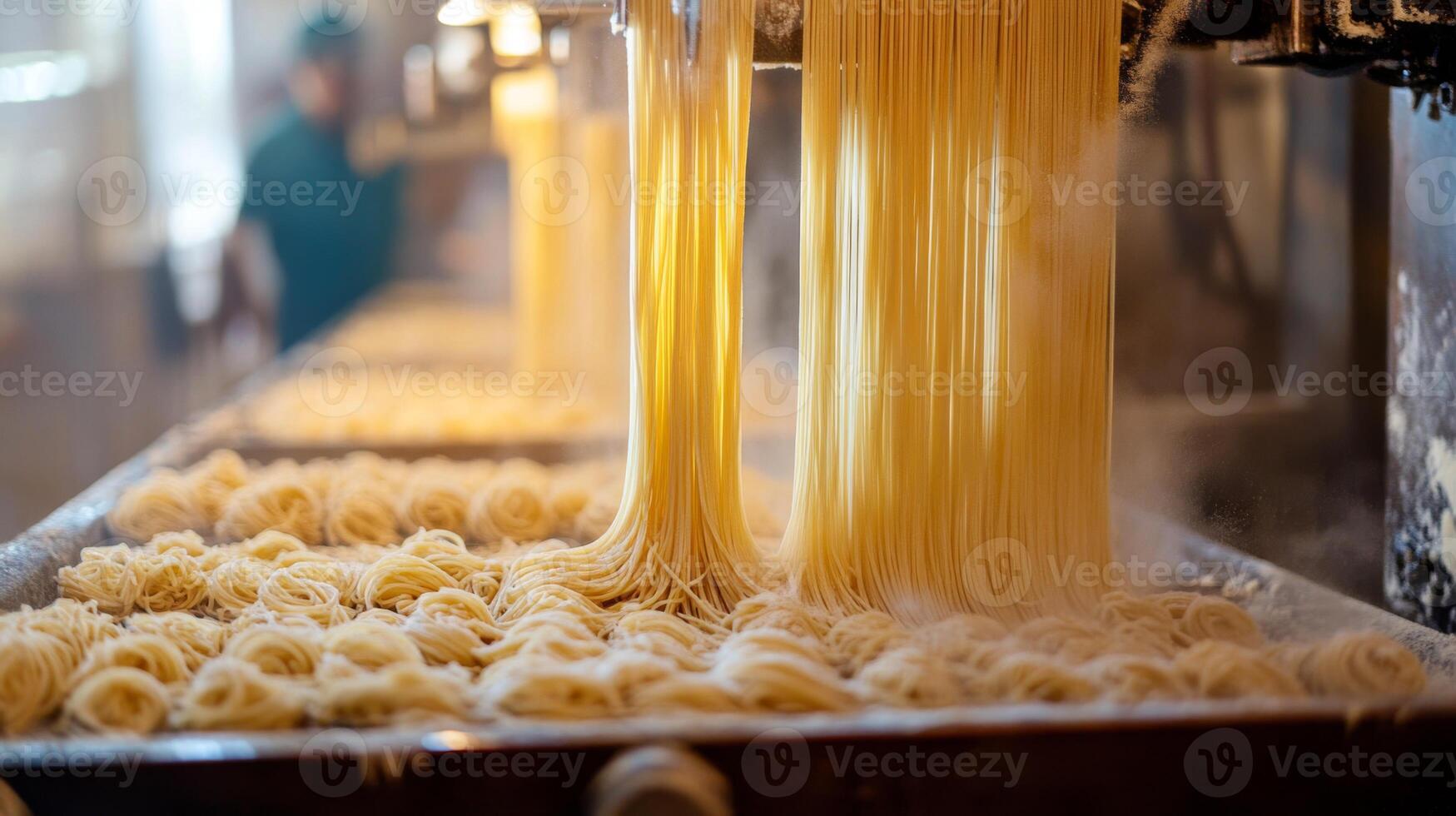 Freshly Made Noodles Falling Into a Tray During Production photo
