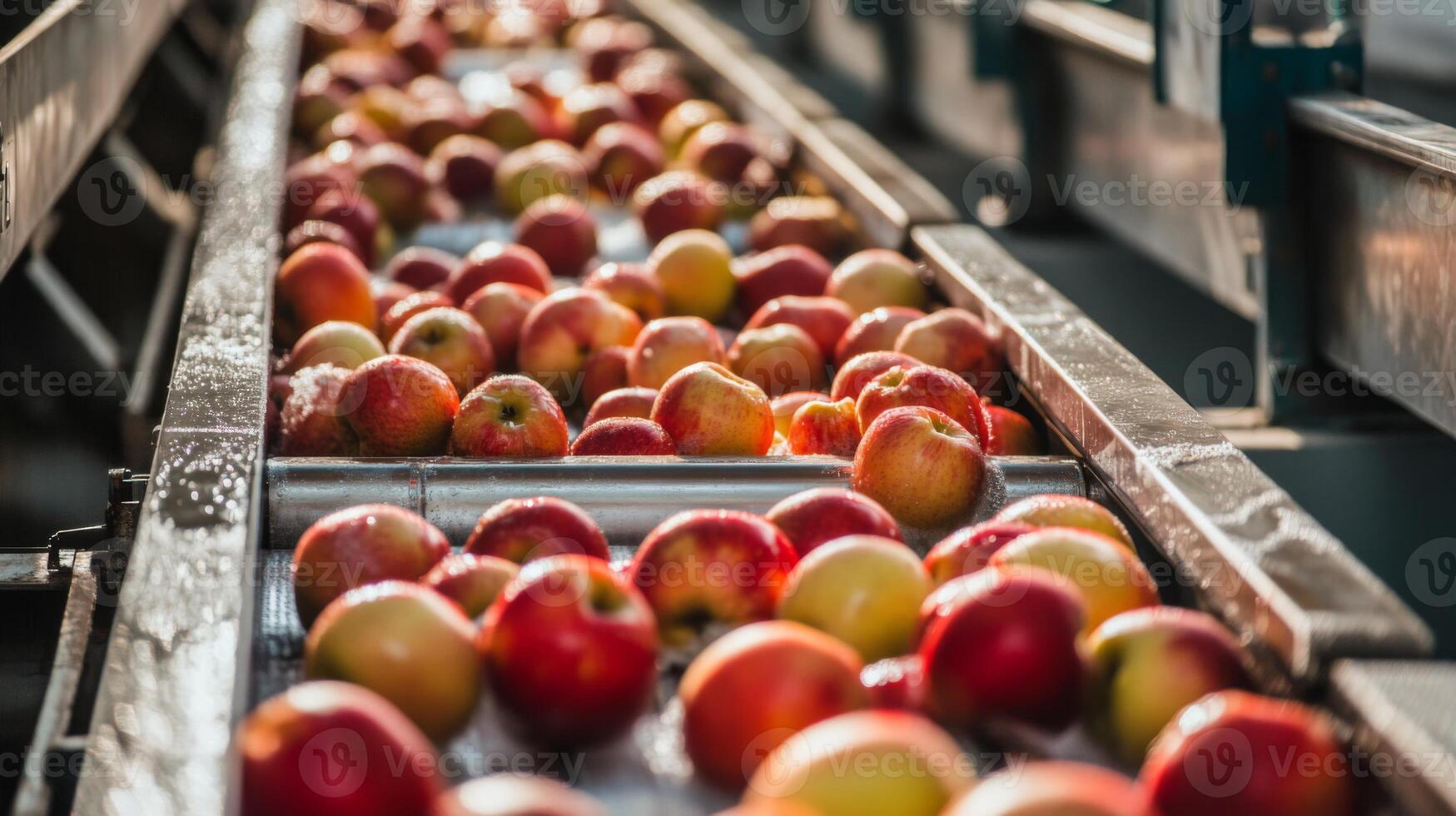 Apples Moving on a Conveyor Belt in a Food Processing Plant photo