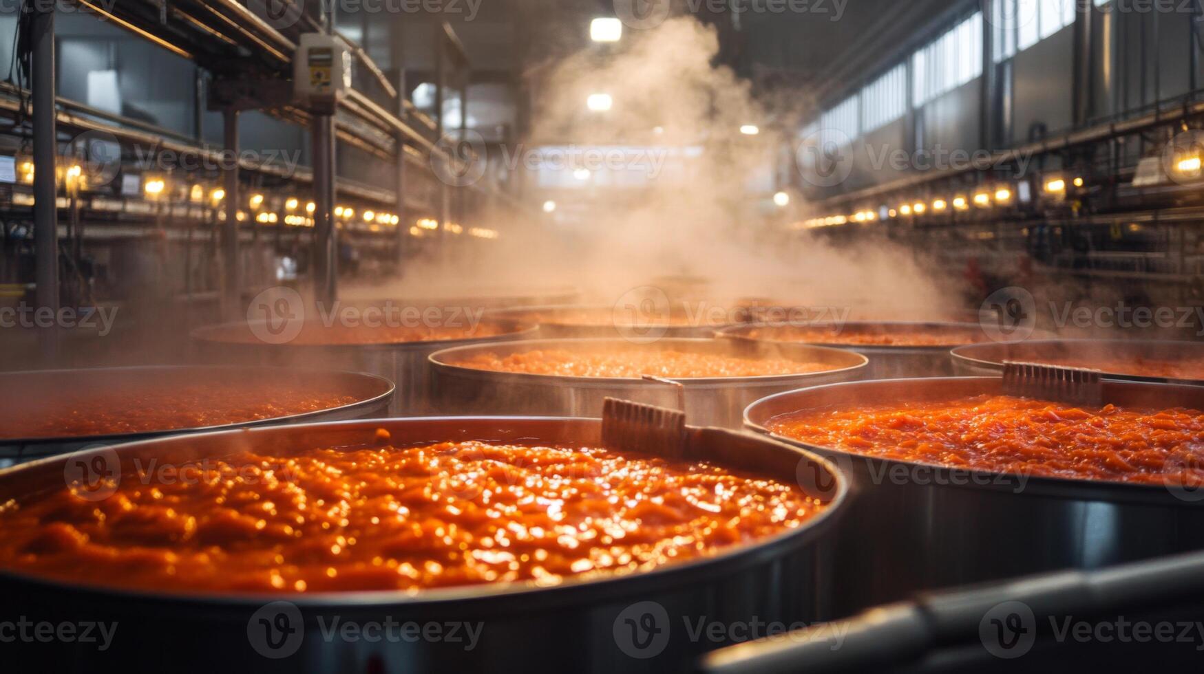 Rows of Large Pots Filled with Steaming Red Sauce in an Industrial Kitchen photo