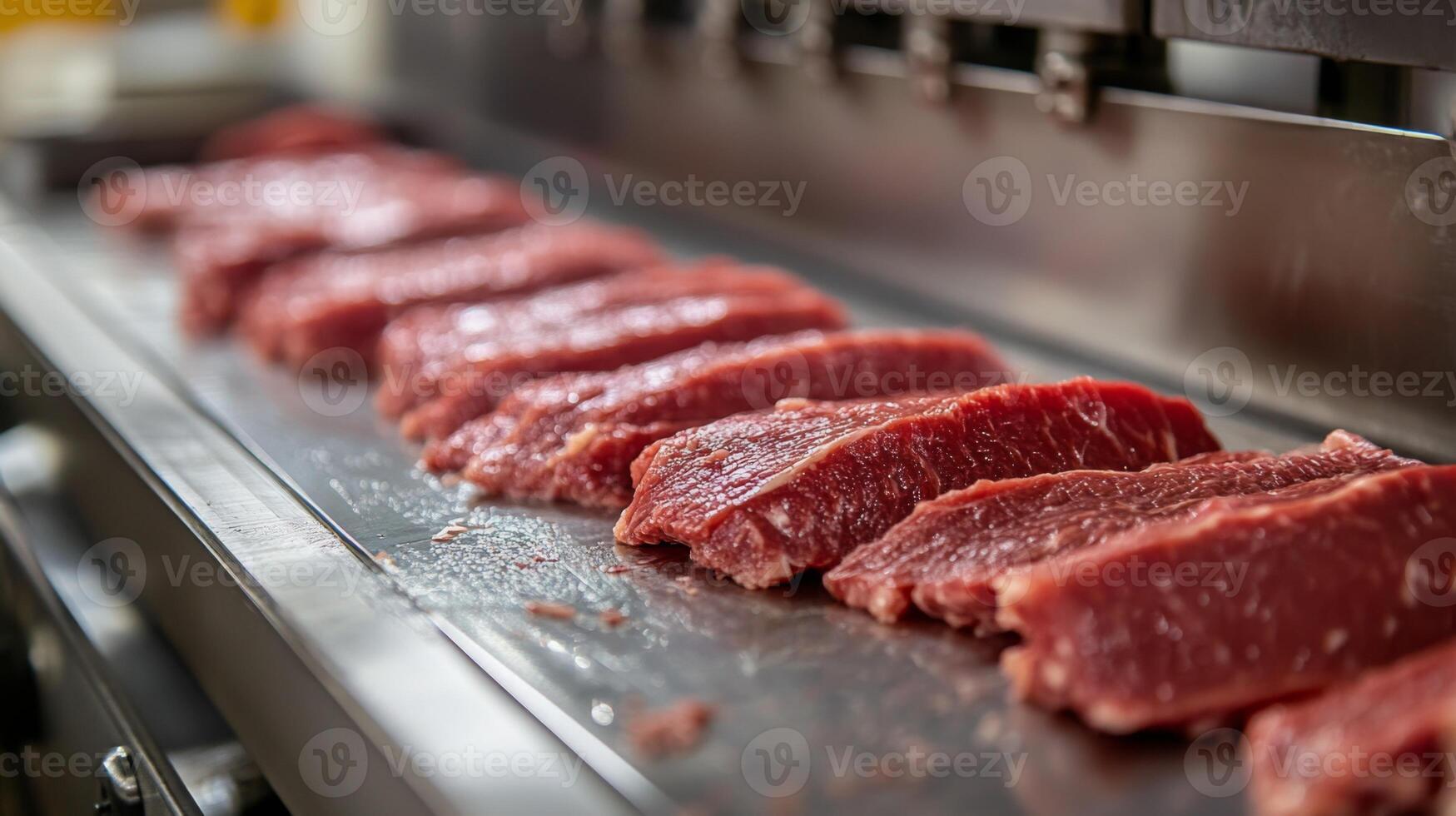 Raw Beef Steaks on a Conveyor Belt in a Meat Processing Facility photo
