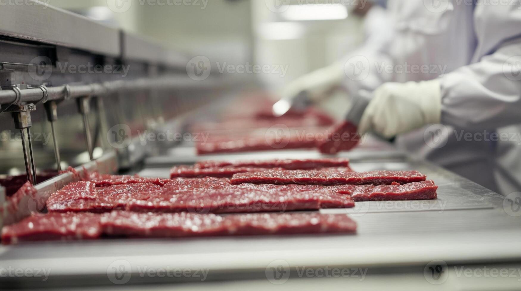 Raw Meat Strips on a Conveyor Belt in a Food Processing Plant photo