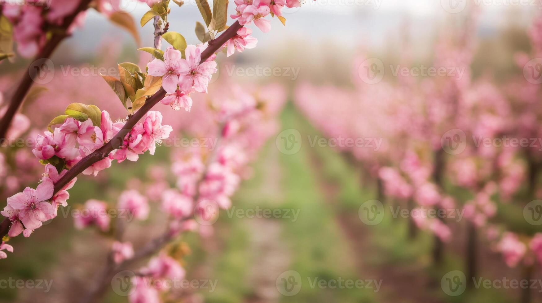 Pink Blossoms on a Branch with a Blurry Background of a Peach Orchard photo