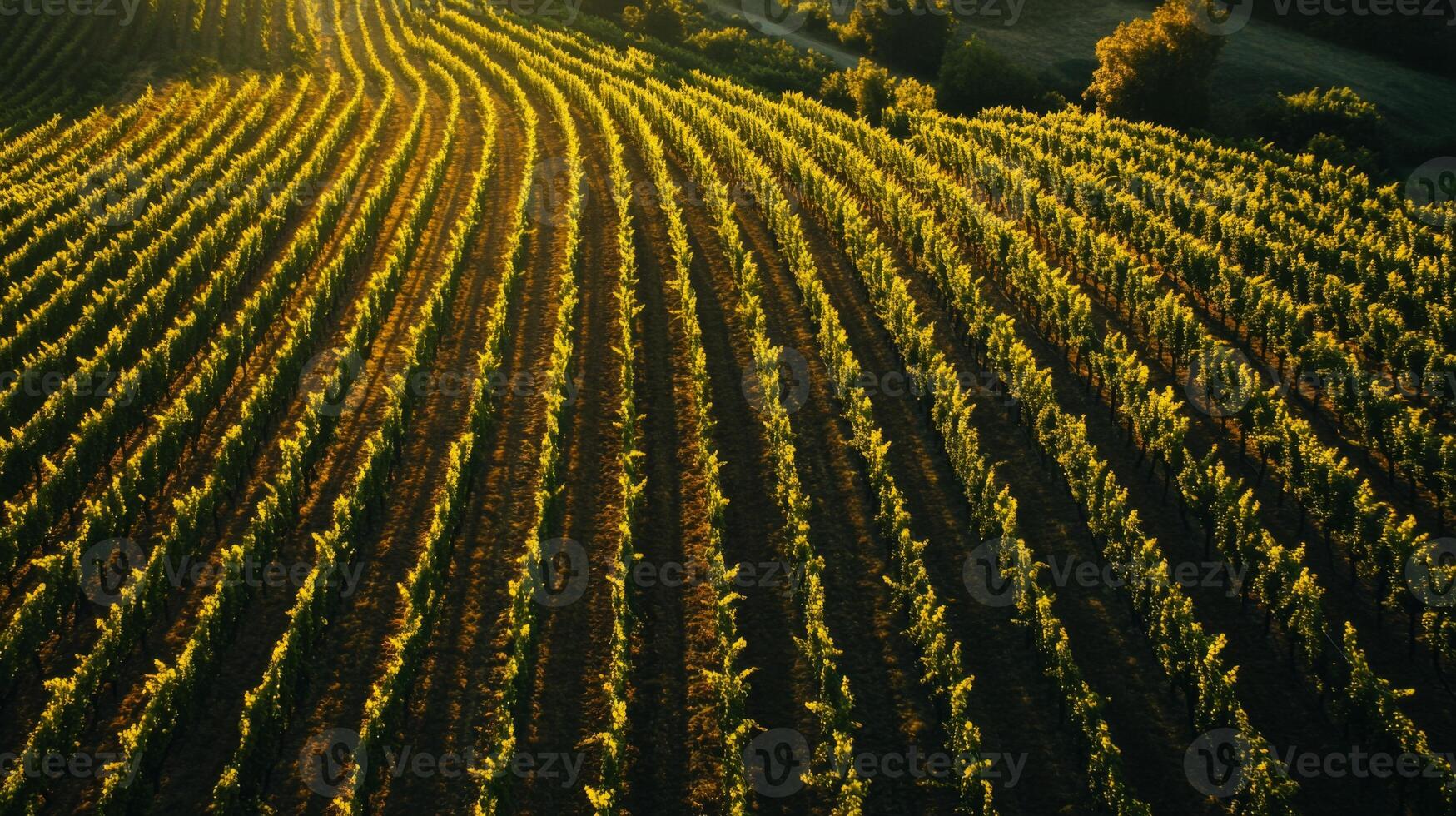 Aerial View of Lush Grape Vines in a Vineyard at Sunset photo