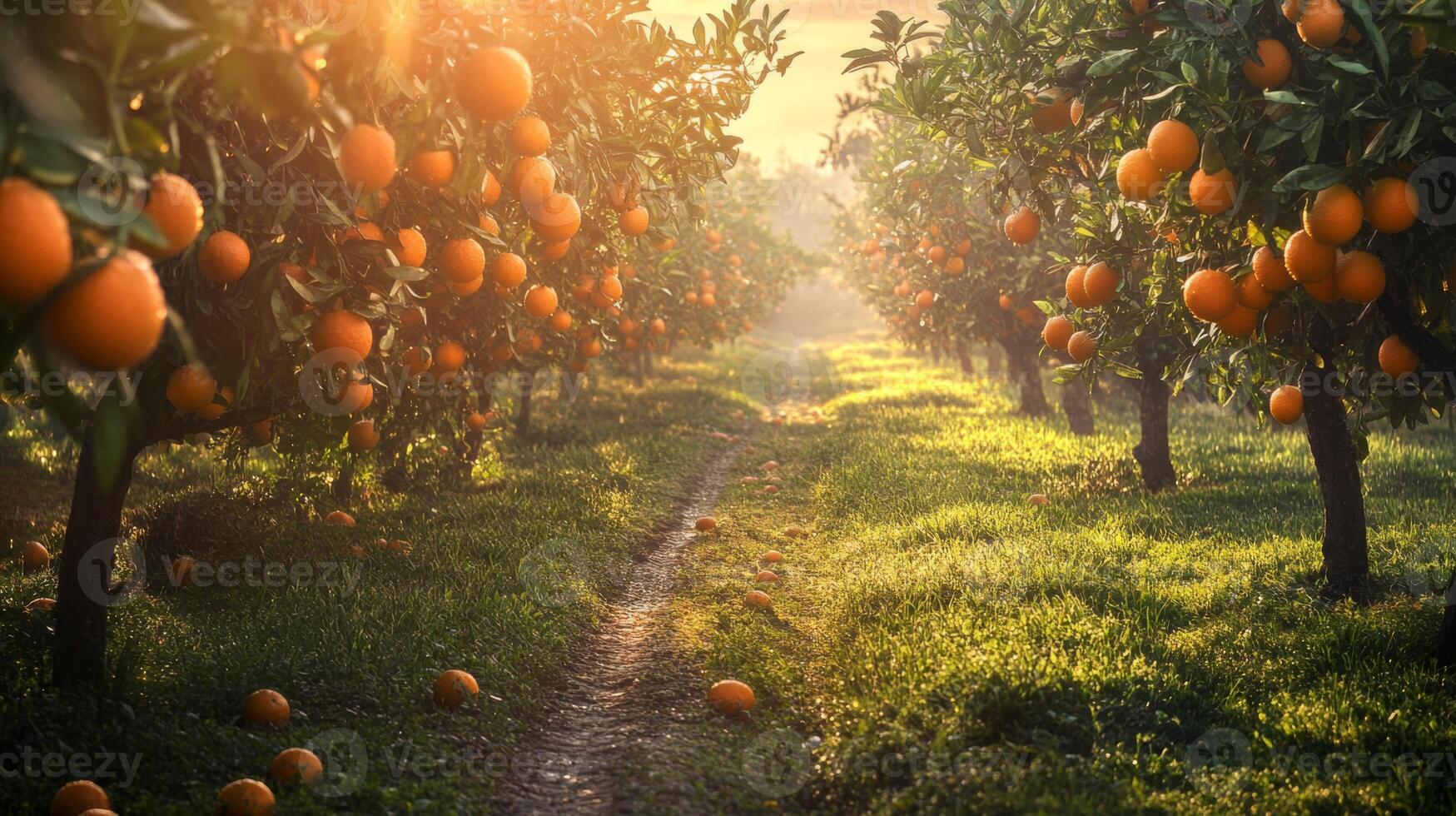 Orange Grove Pathway with Ripe Fruit and Sunlight photo