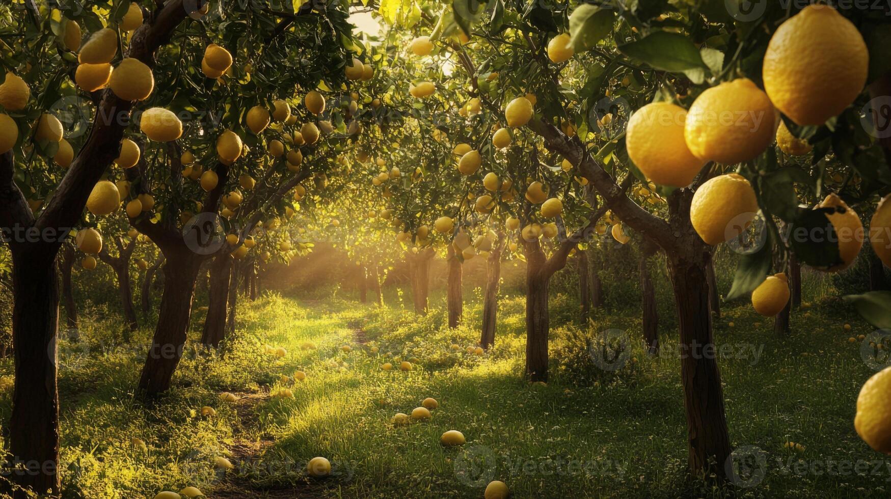 Sunlit Lemon Orchard with Fallen Fruit and Lush Grass photo
