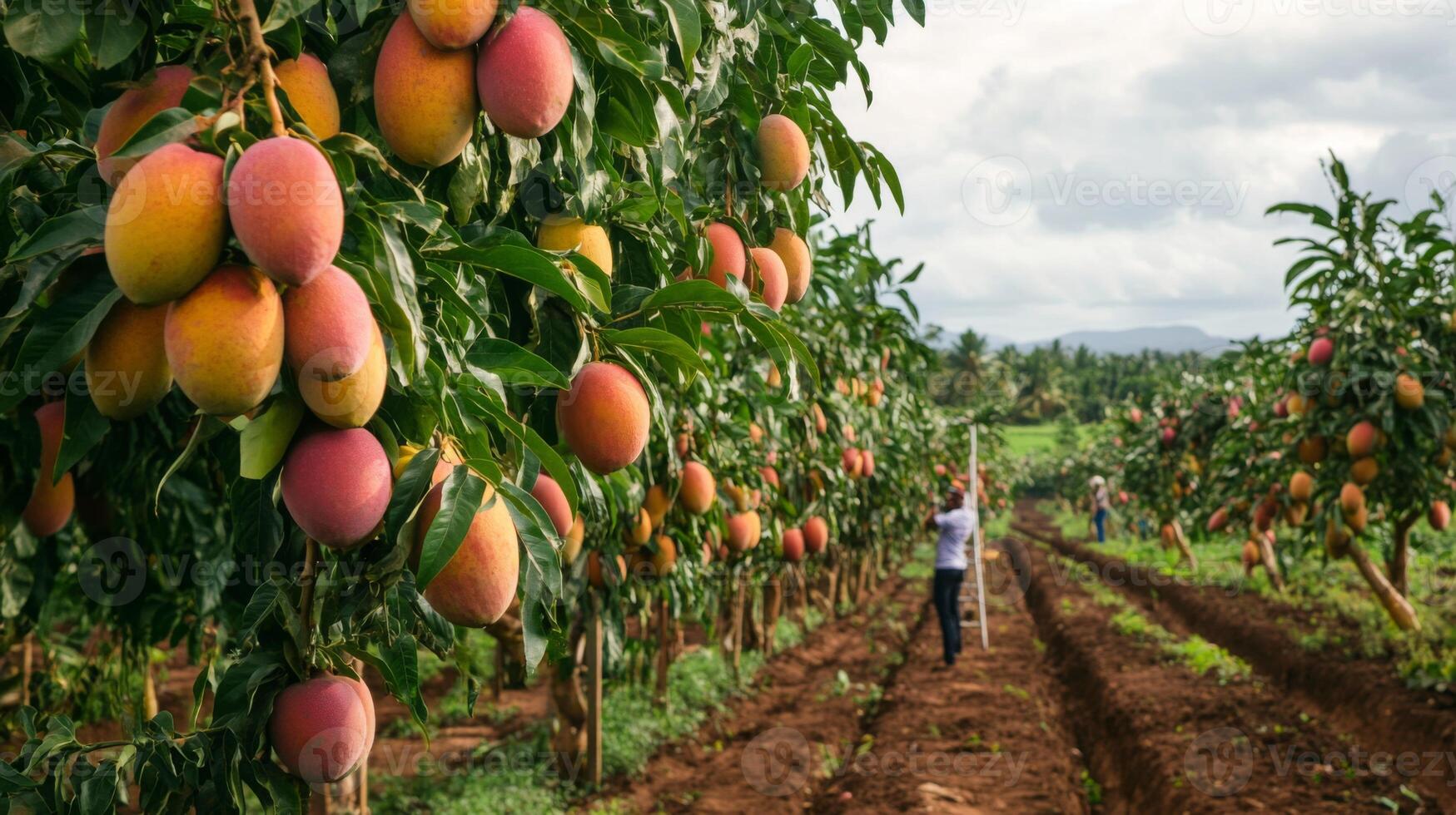 Ripe Mangoes Hanging on Branch in Orchard photo