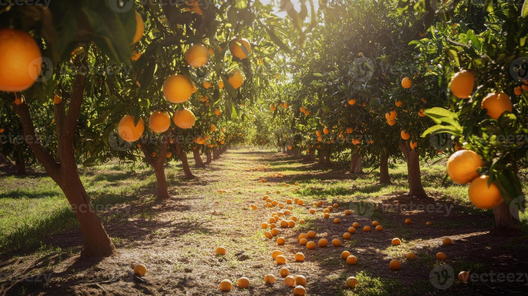 Row of Orange Trees with Ripe Fruit and Fallen Oranges photo