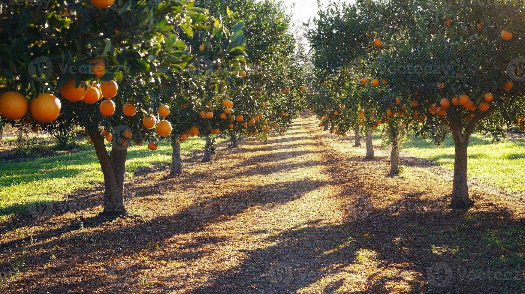 Rows of Orange Trees with Ripe Fruit in an Orchard photo