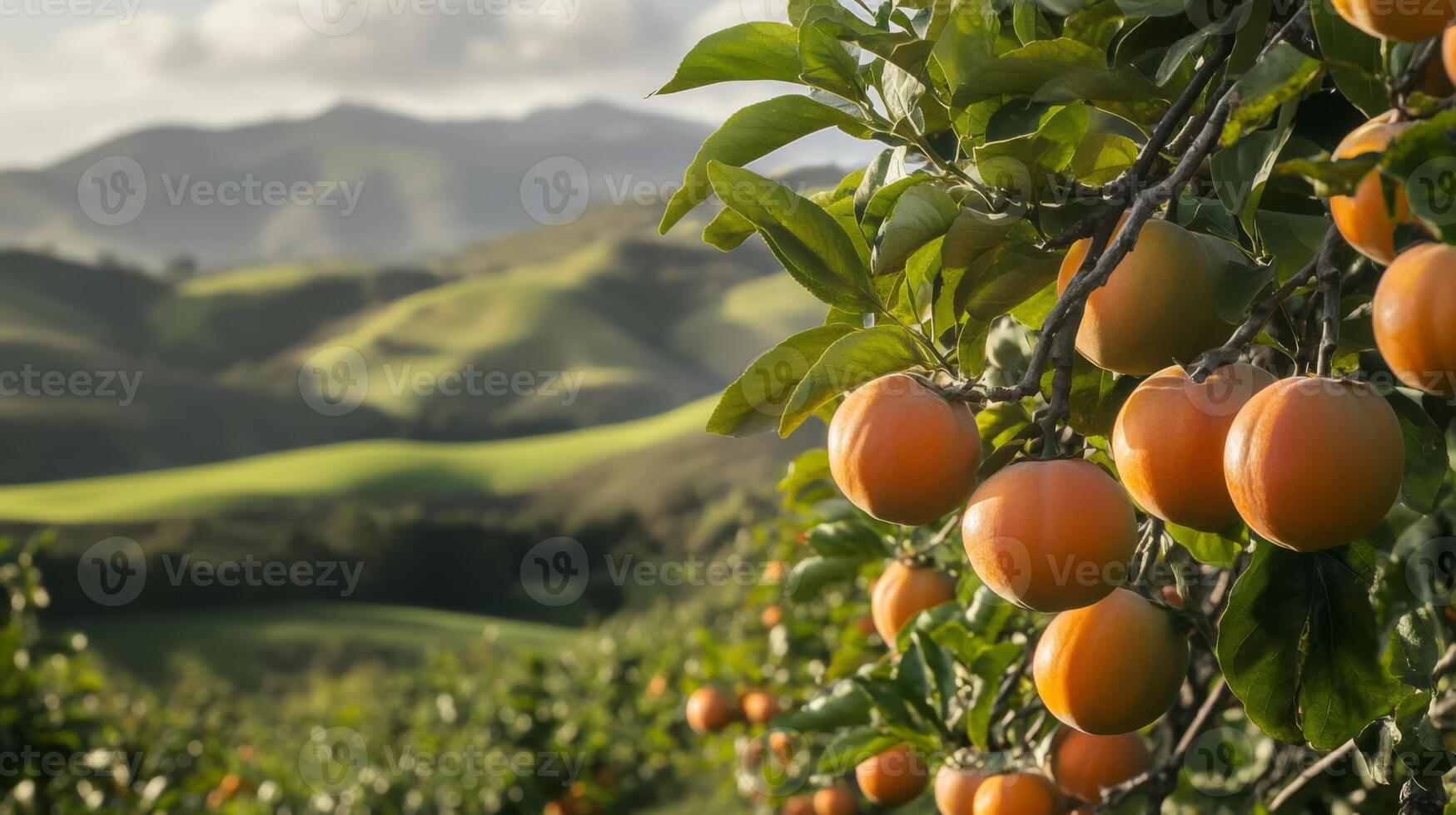 Ripe Persimmon Fruit Hanging From Branch with Mountain Background photo