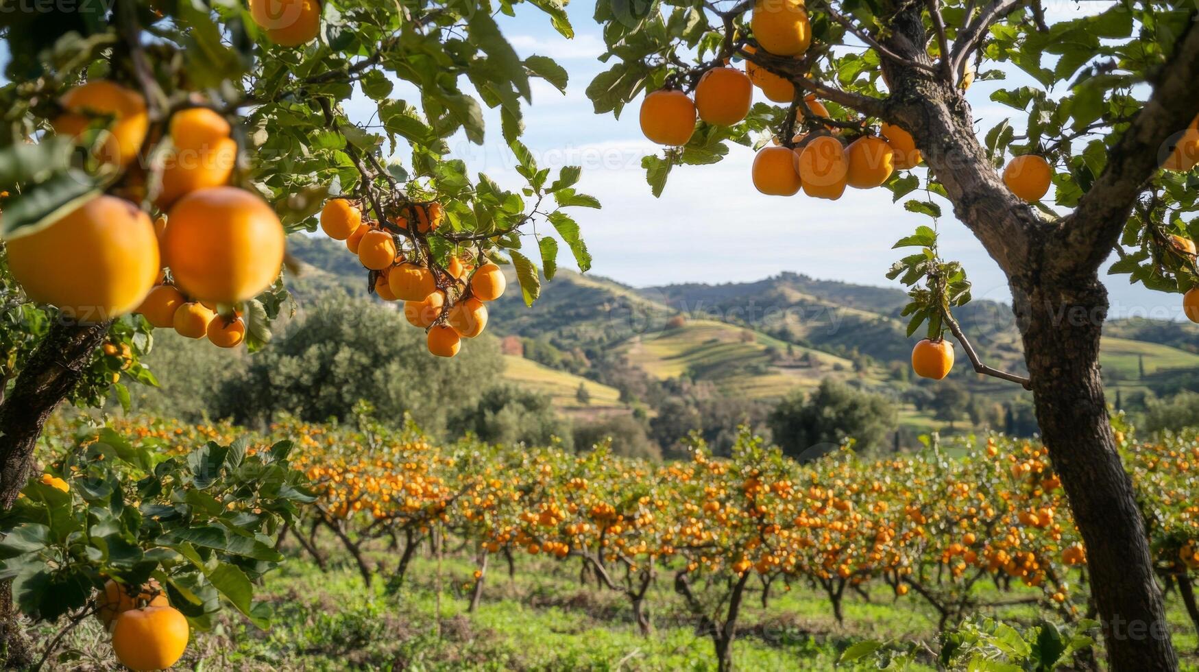 Ripe Orange Fruit Hanging on a Tree Branch in an Orchard photo