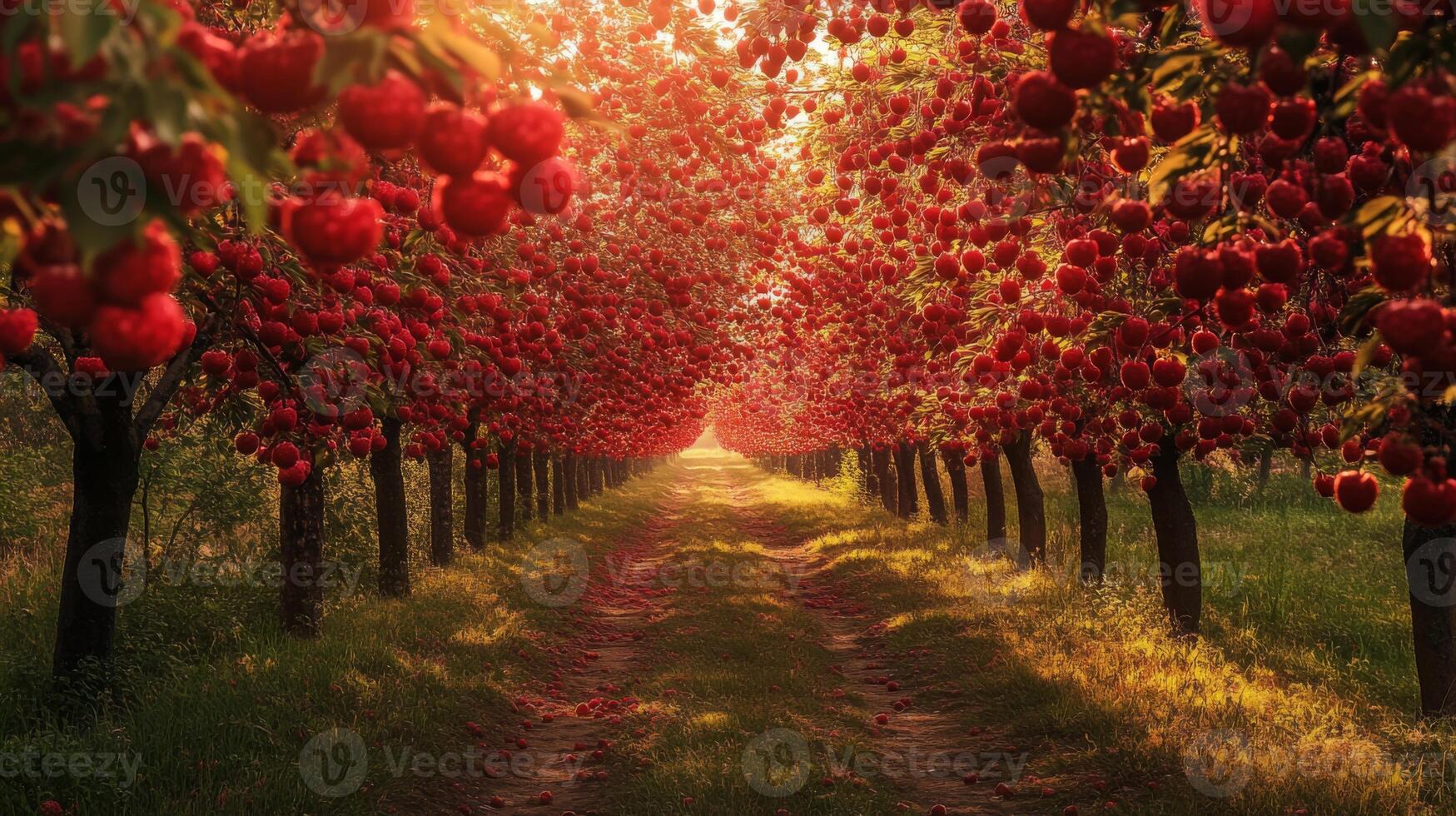 Sunlit Pathway Through an Orchard of Red Apples photo