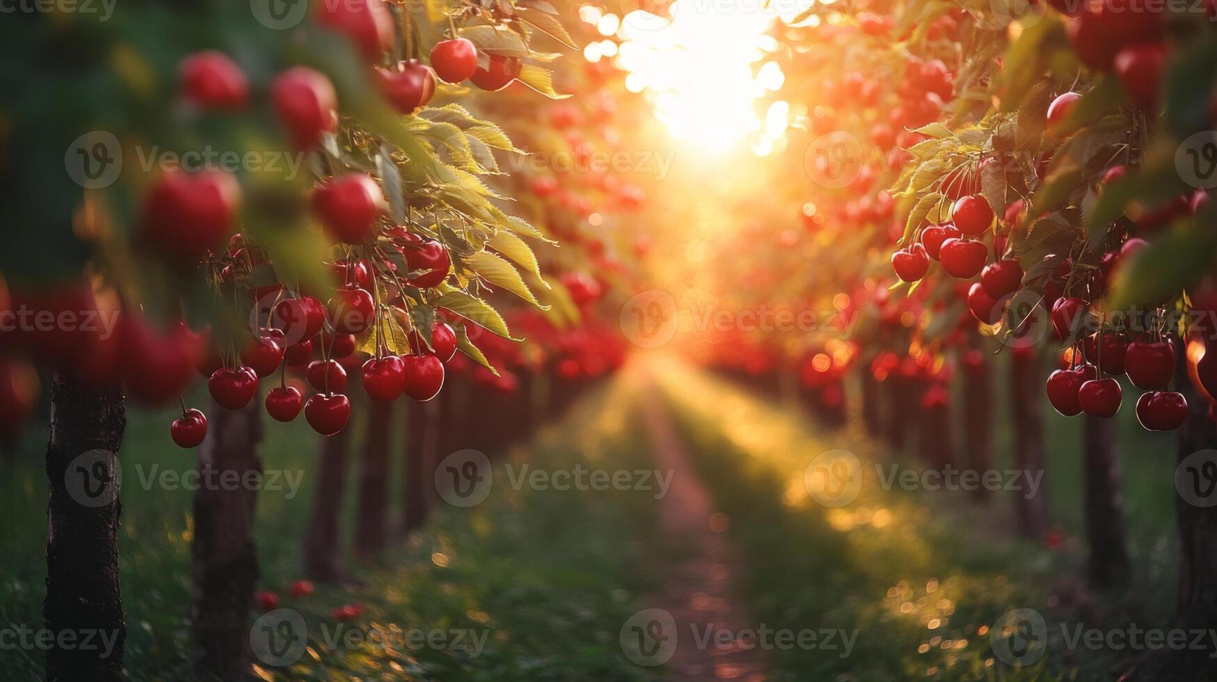Ripe Red Cherries Hanging on Branches in a Cherry Orchard at Sunset photo