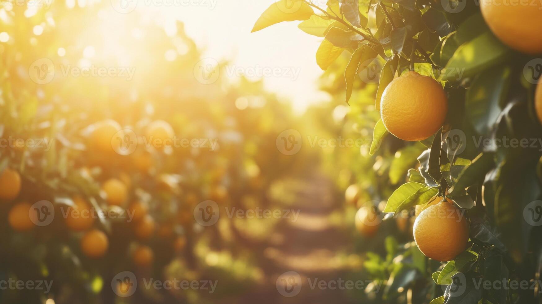 Sunlit Oranges on a Branch in a Citrus Grove photo