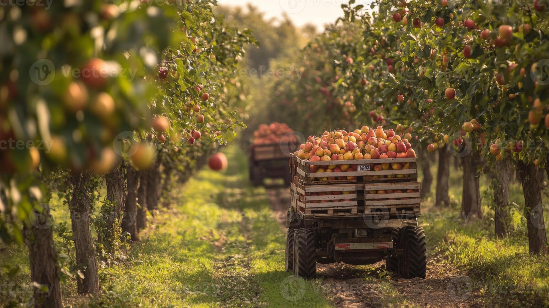 A Tractor Loaded with Apples Driving Through an Orchard photo