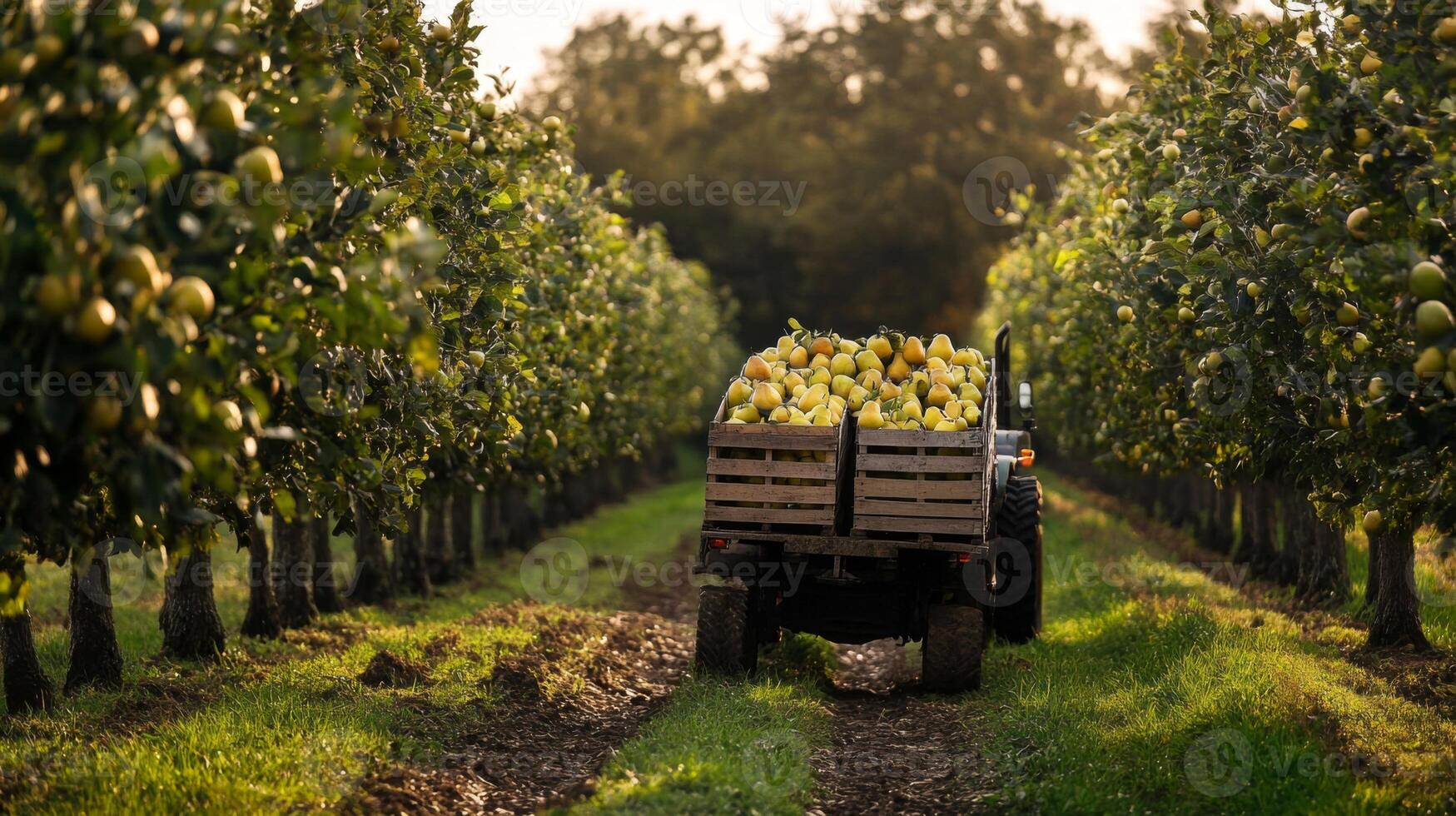 A tractor loaded with pears in an orchard photo