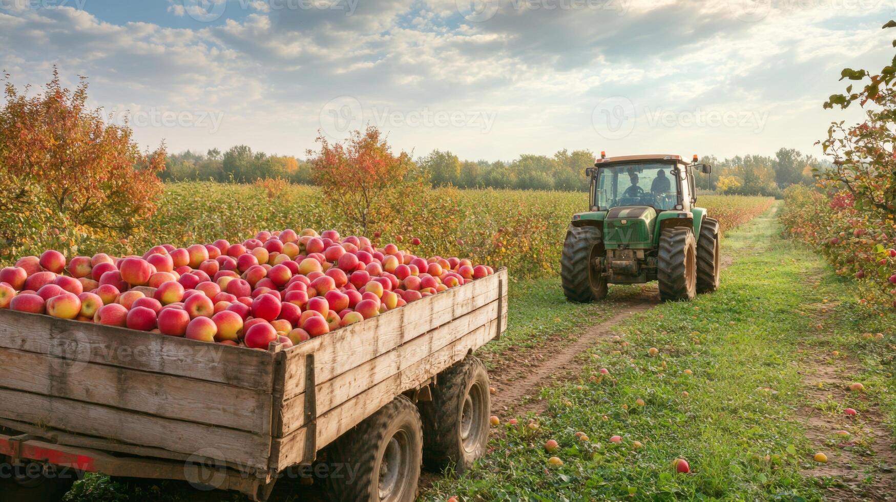 Tractor Hauling a Trailer Full of Apples in an Orchard photo