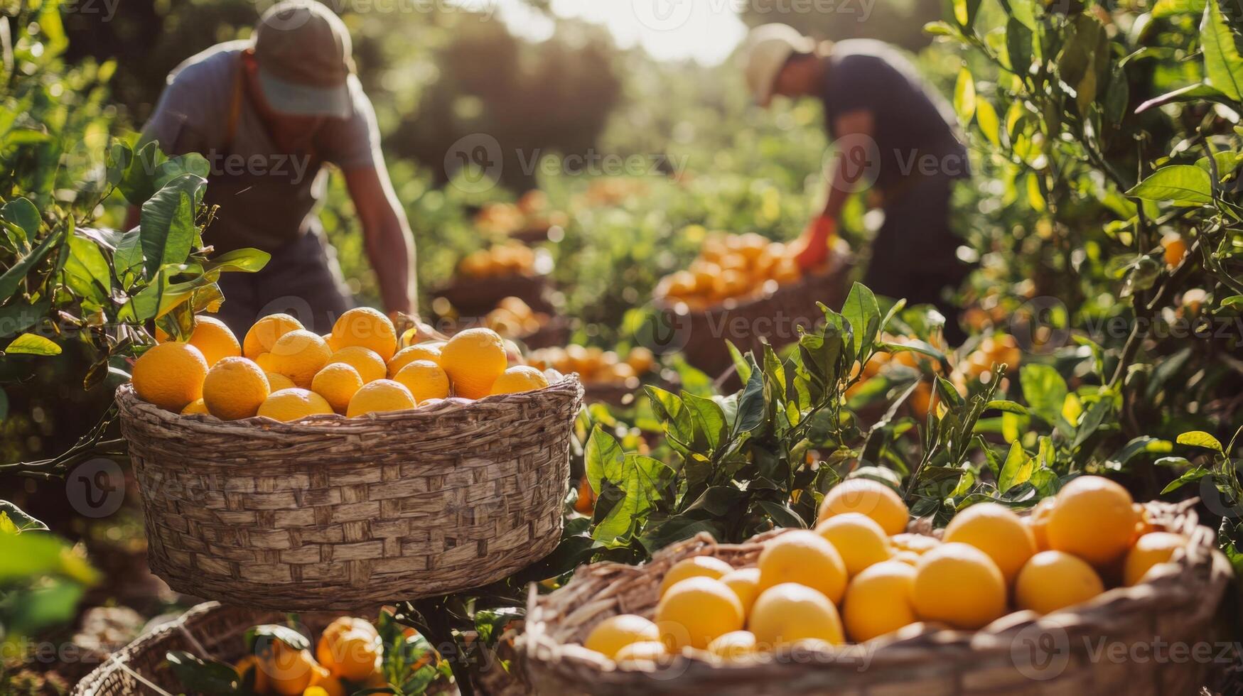 A Basket of Freshly Picked Oranges in an Orchard photo