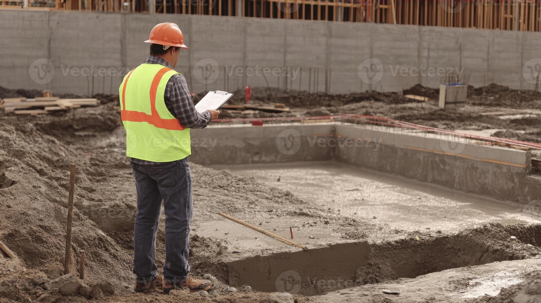 Construction Worker Inspecting Concrete Foundation. photo