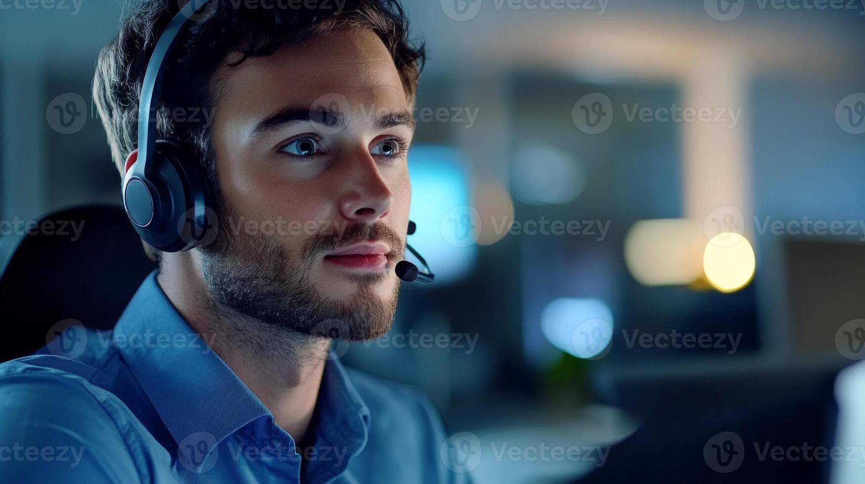Close-up of a young man with a headset, looking intently towards the left. photo