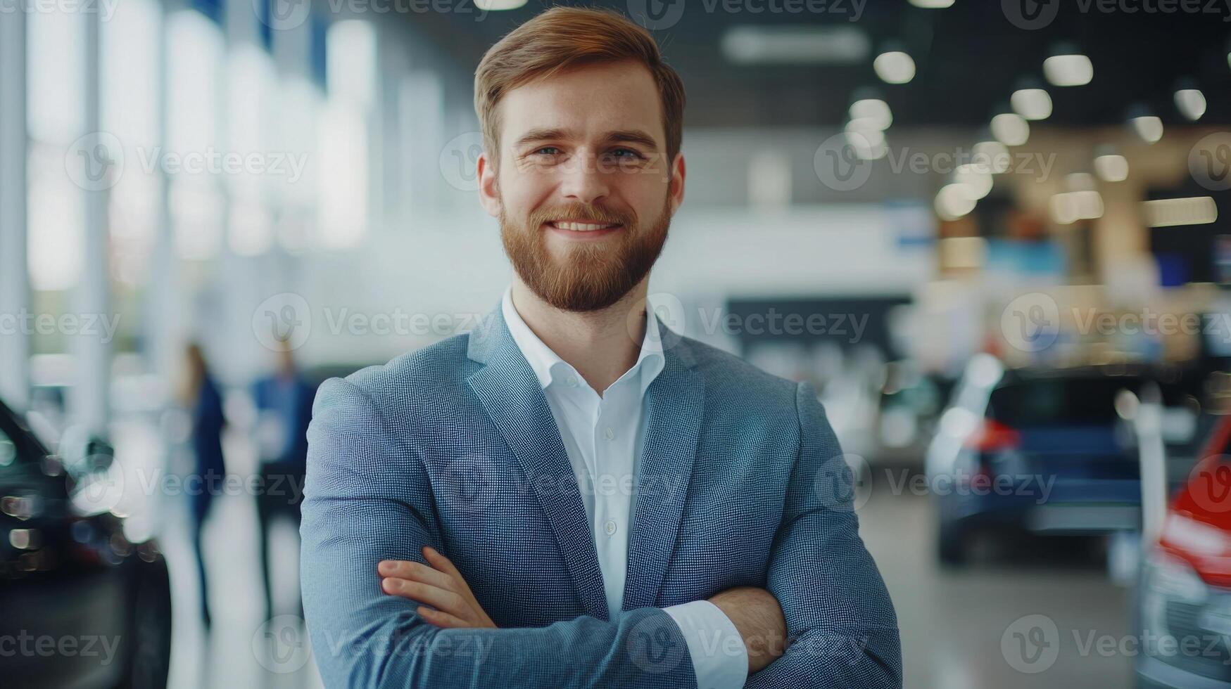Portrait of a Smiling Man in a Blue Suit Standing in a Car Showroom photo