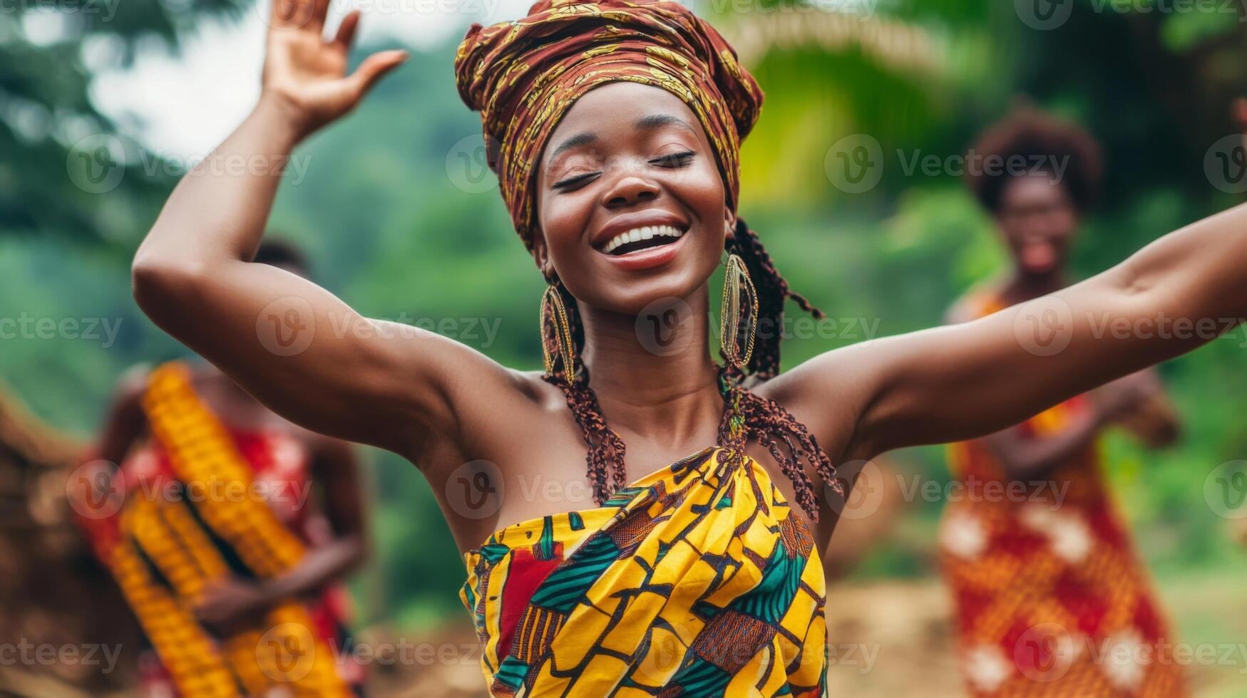Joyful African Woman in Traditional Headscarf and Dress photo