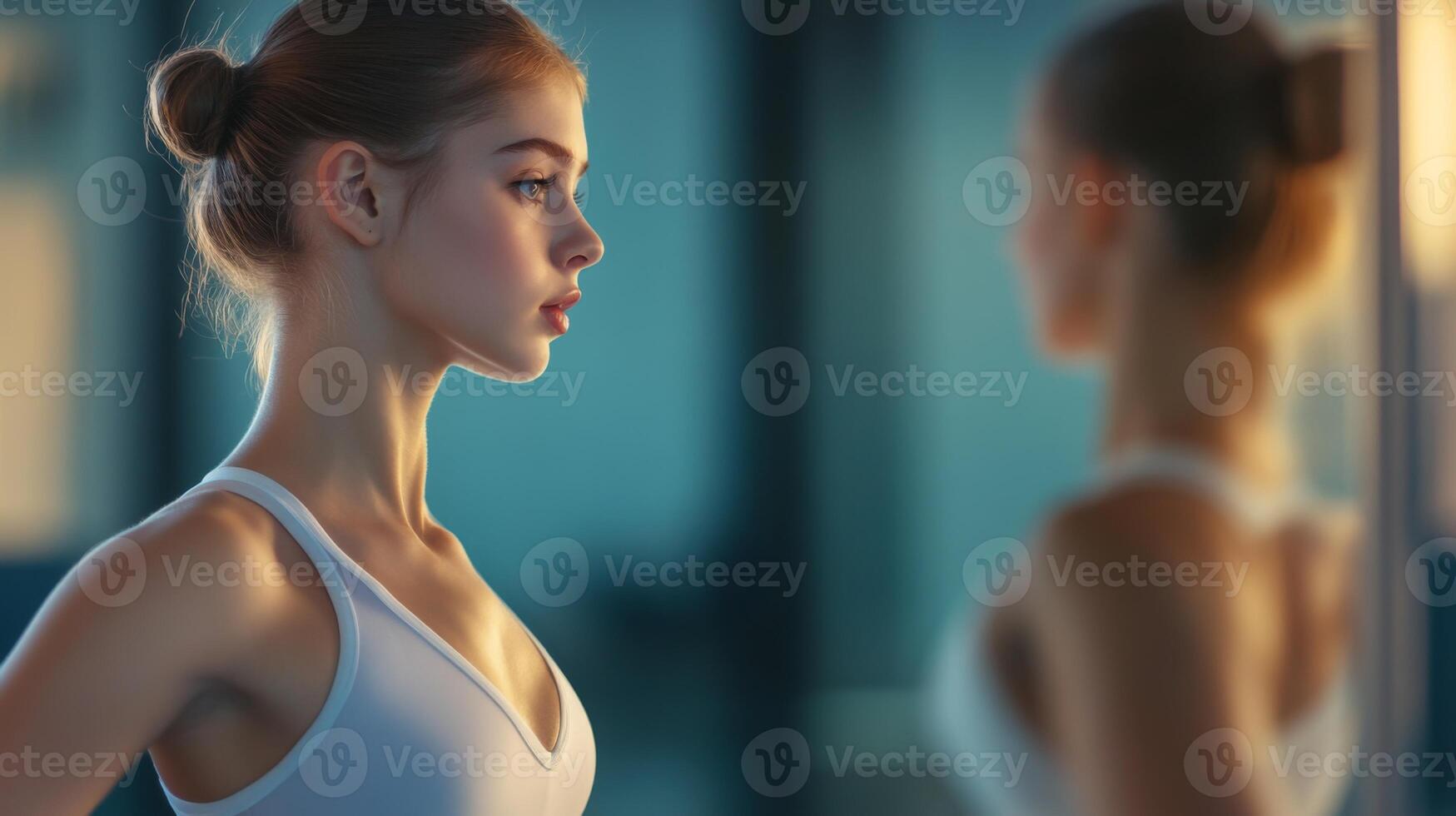 Woman in a White Tank Top Looking at Her Reflection in a Mirror photo