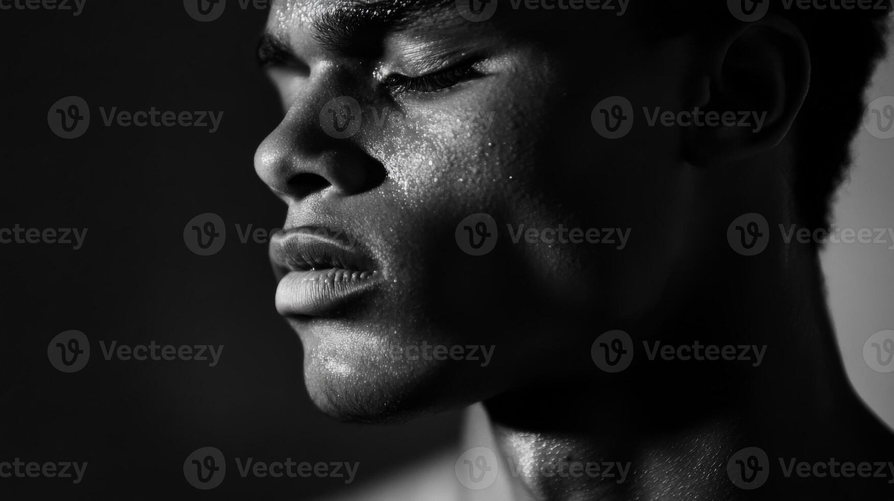 Close-up Black and White Portrait of a Man's Face with Sweat photo