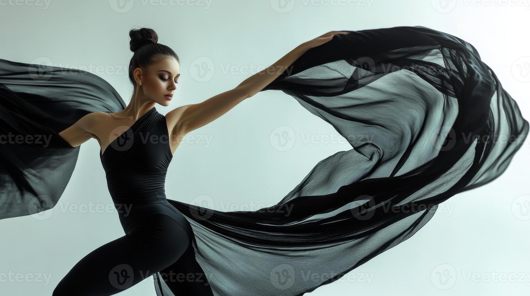 Woman in Black Dress and Flowing Fabric photo