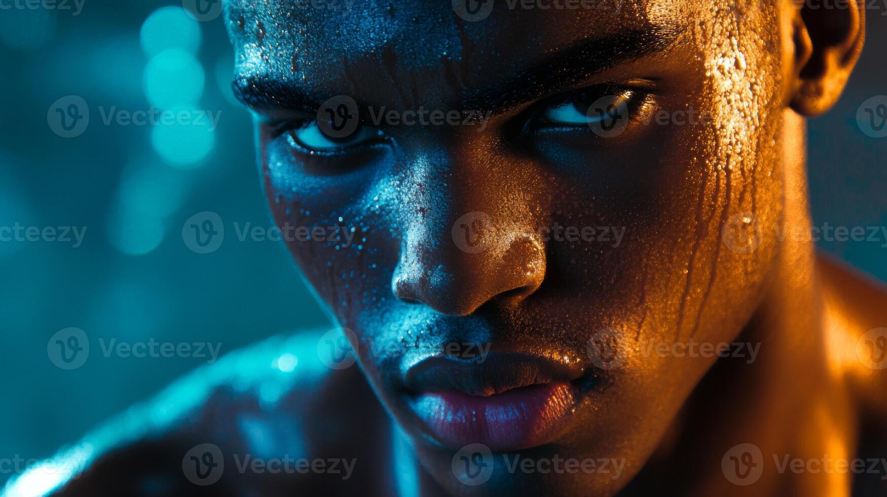 Close-up Portrait of a Man's Face with Glowing Skin and Intense Eyes photo