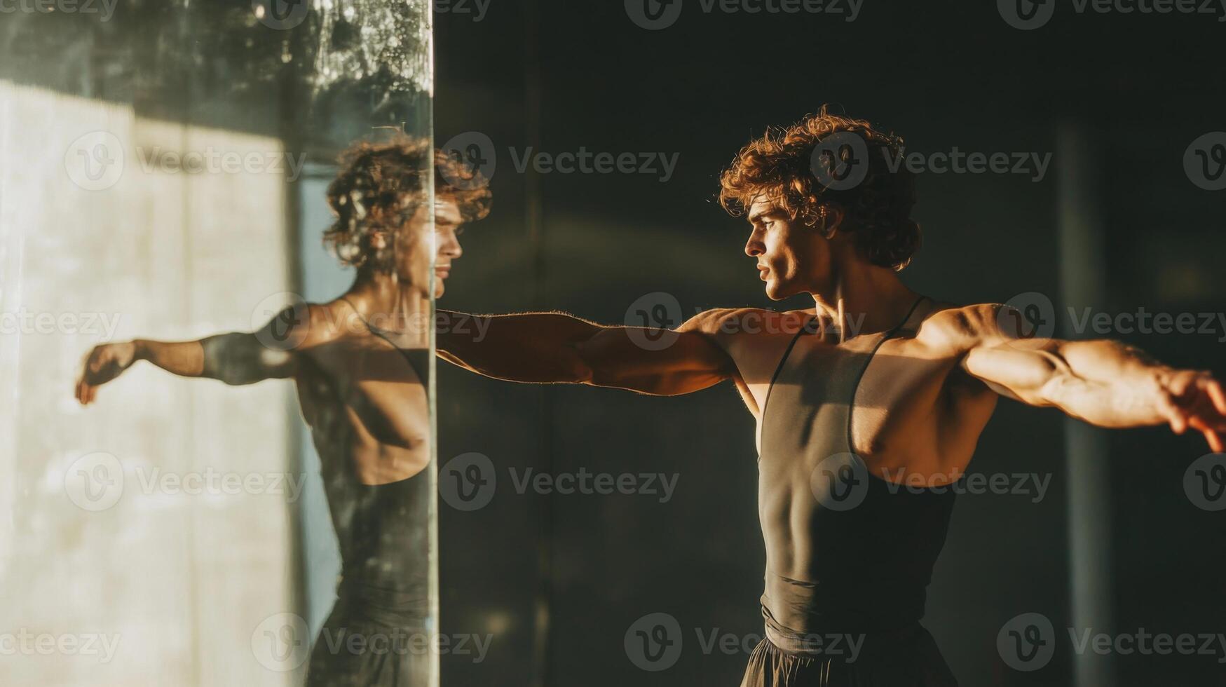 A Man in Black Tank Top Stretching in Front of a Mirror photo