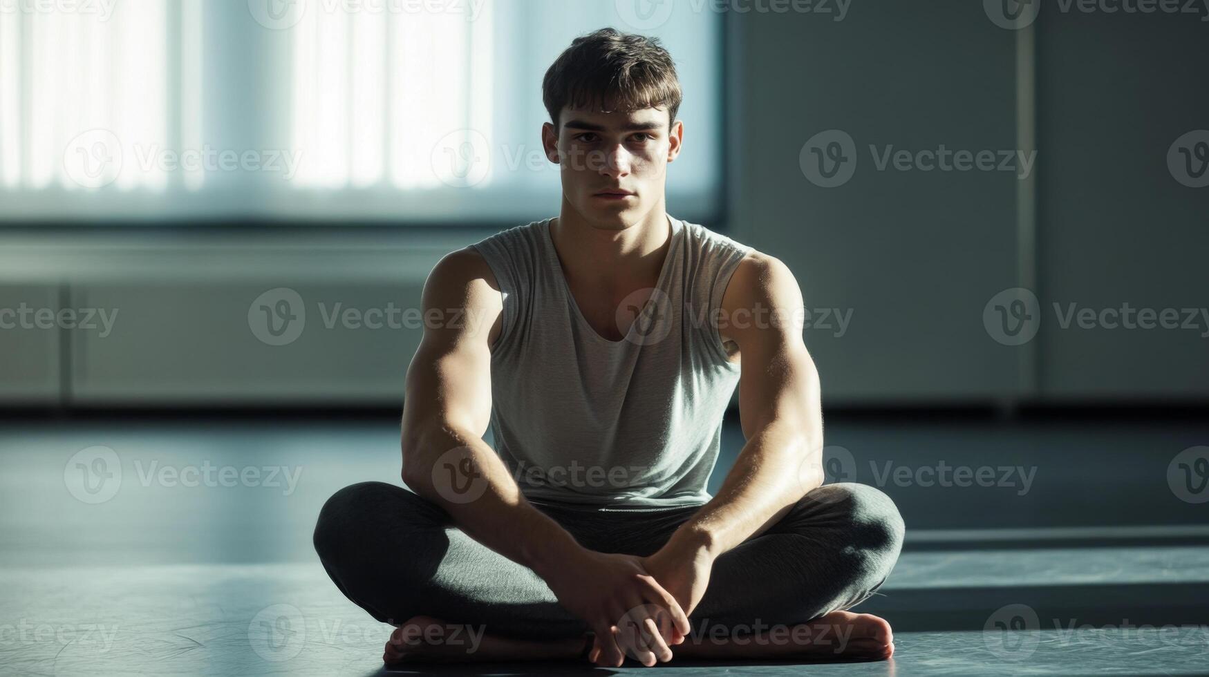 Young Man in a Grey Tank Top Sitting on a Floor in a Yoga Pose photo