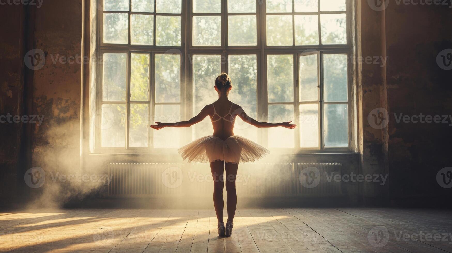 A Ballerina Stands Before a Large Window in a Dusty Room photo