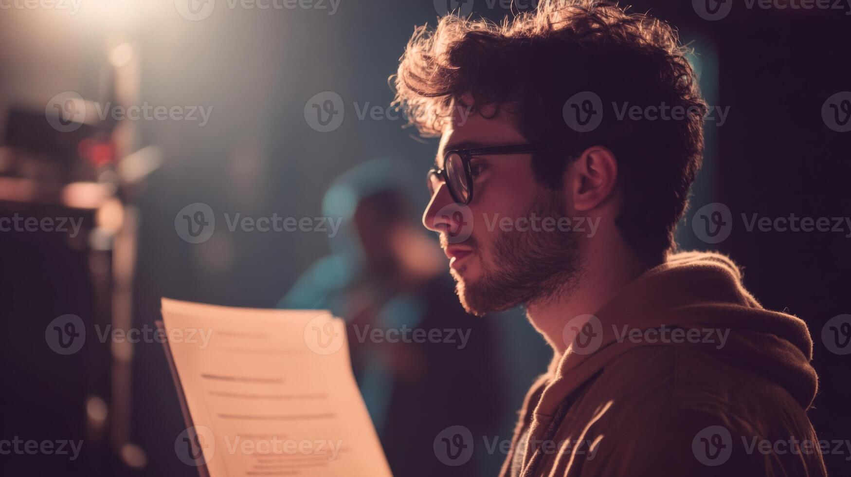 A Man with a Beard and Glasses Reading a Script on a Film Set photo