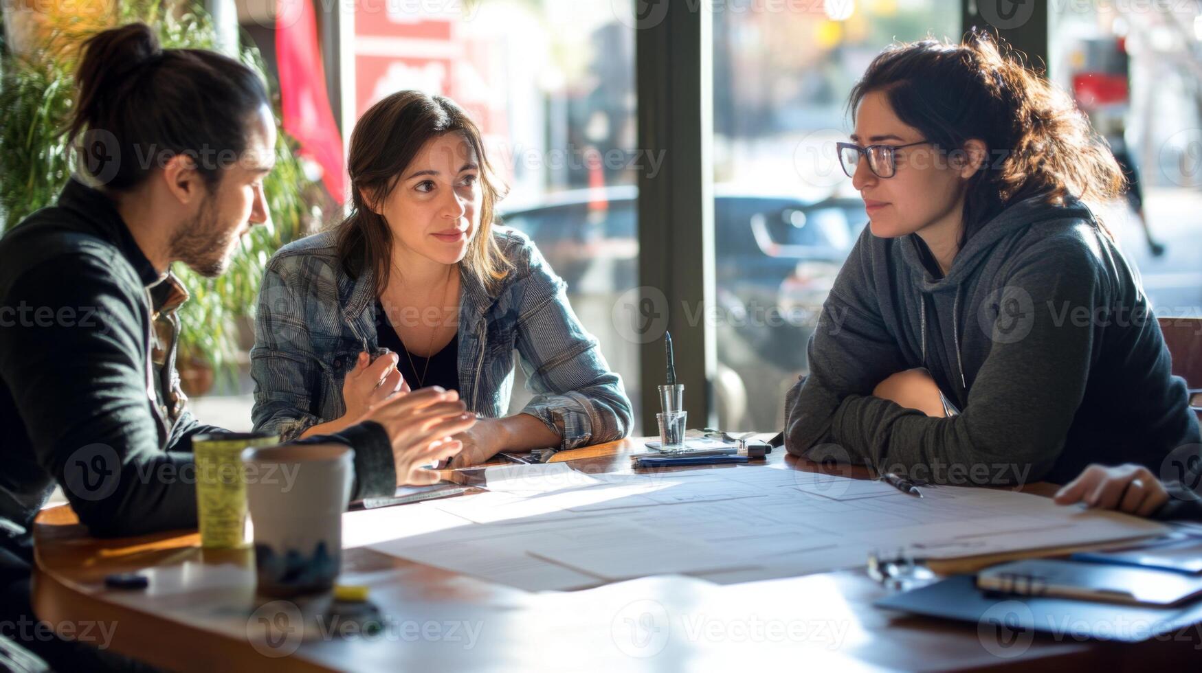 Three people collaborate around a table, working on a project with papers. photo